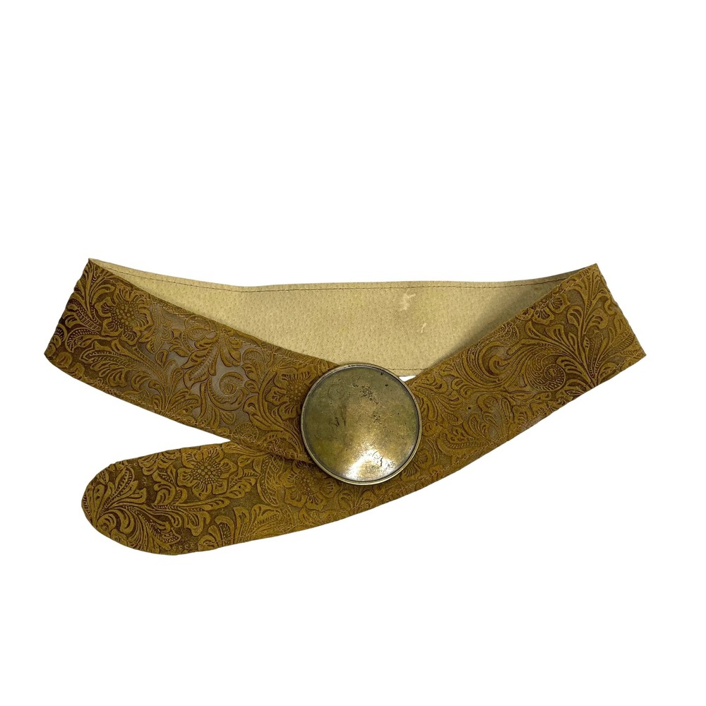 Vintage embossed leather floral belt Big round buckle Statement western boho‎